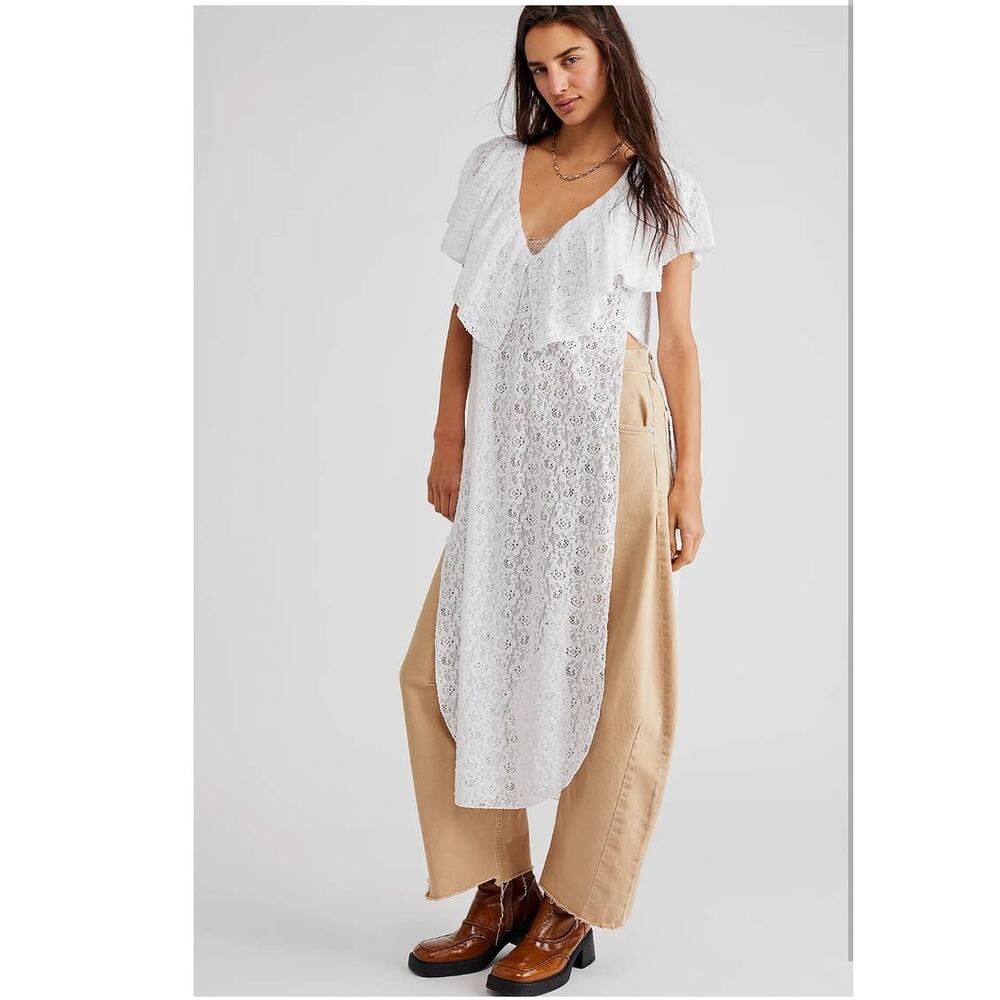 New Free People Waterfall Ruffled V-neck Maxi Lace Top $198 SMALL Ivory Boho